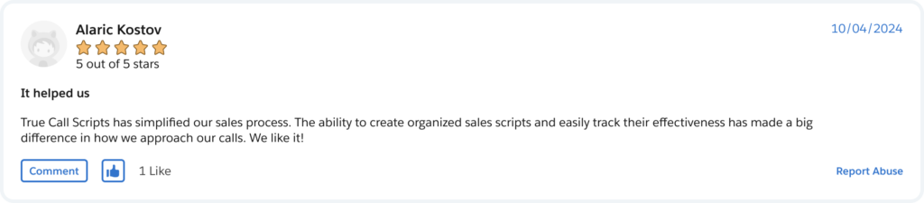 True Call Script review on Salesforce AppExchange, customer review 2