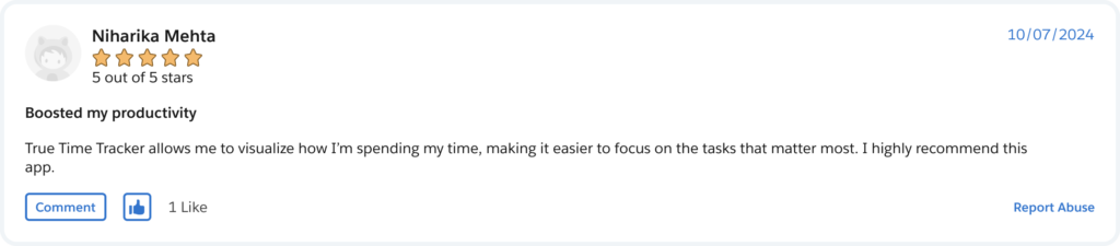 True Time Tracker review on Salesforce AppExchange, customer review 2