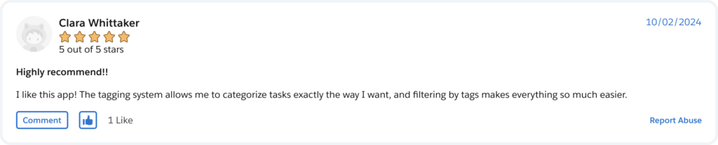 True Task Tracker review on Salesforce AppExchange, customer review 2