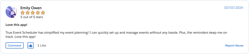 True Event Scheduler review on Salesforce AppExchange, customer review 2
