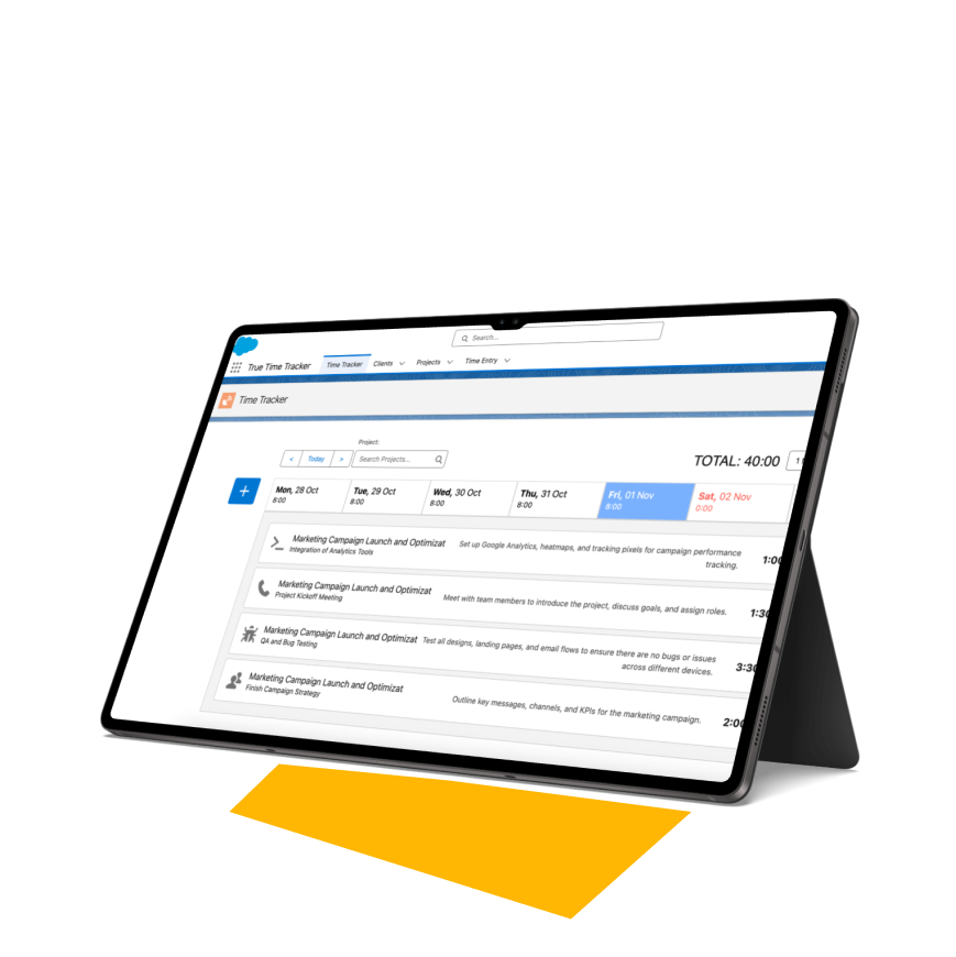 True Time Tracker time log in Salesforce with hours logged on tasks, projects and clients