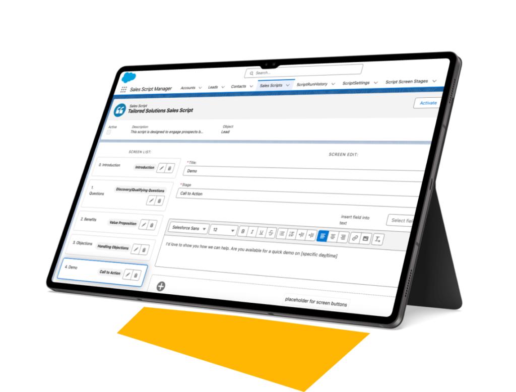 True Call Script open on a Salesforce lead record with real-time call prompts