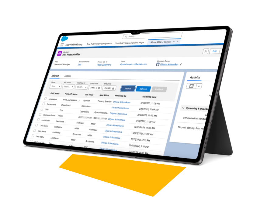 True Field History app for Salesforce showing the field change log of a record: user, old value, new value and date