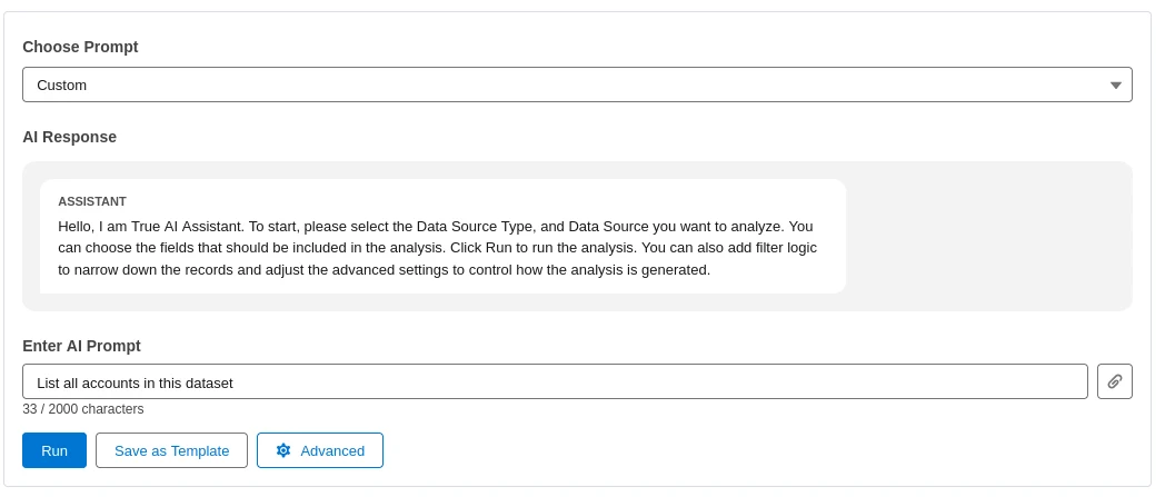 True AI Assistant in Salesforce with an AI prompt, response and file upload