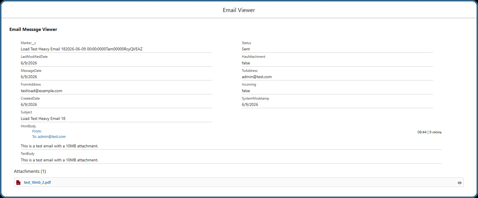 True Archiver Email Message Viewer showing an archived Salesforce email with body, timestamps and attachments